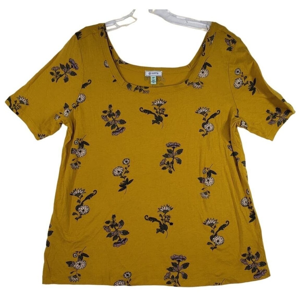 Susina Floral Print Top Square Neck‎ Short Sleeve Casual Tee Yellow Sz MP Petite